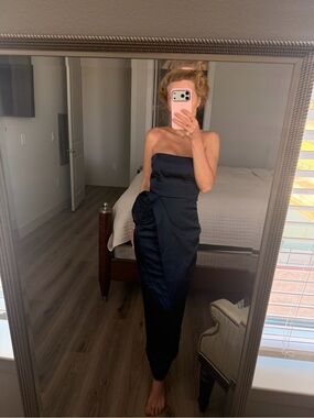 Ronny Kobo Collection Strapless Navy Satin Jumpsuit with Rosette Accent